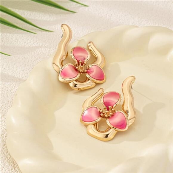 Bold Enamel Flower Earrings | Chunky Gold Floral Drop Dangles - Picture 5 of 5